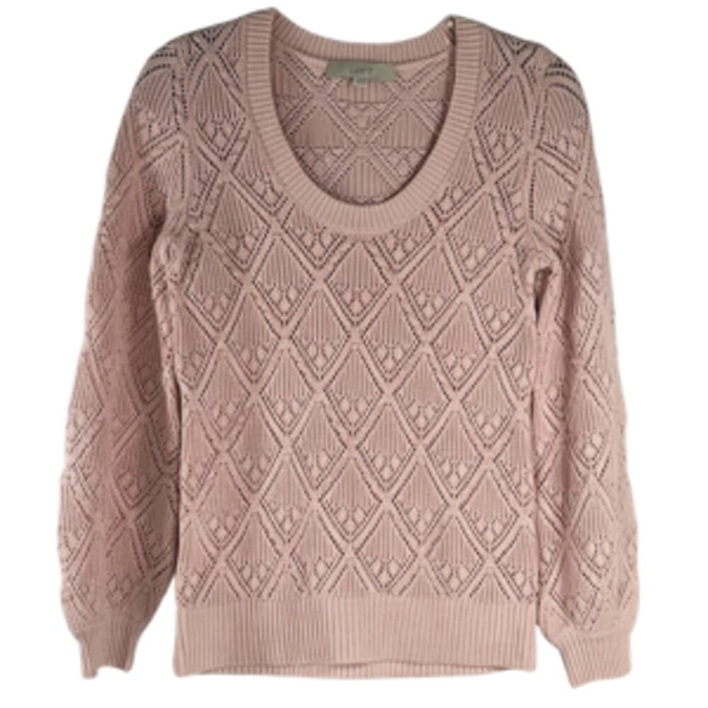 Loft Pink Open Knit Diamond Argyle Scoop Neck Sweater Size XS